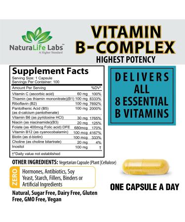 Vitamin B Complex with Vitamin C, Folic Acid - Nervous System Support, Energy Metabolism - 100 Veggie Capsules - Buy Online on GoSupps.com