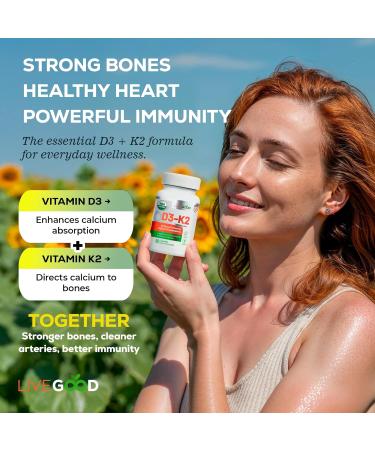LIVEGOOD Organic D3 K2 Supplement 2000 IU Vegan Capsules with MK-7 Pure Vitamin D3 with K2 for Immune and Bone Support Made in The USA Organic D3 K2 Formula (60 Count) - Buy Online on GoSupps.com