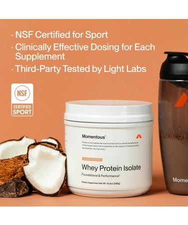 Momentous Essential Grass-Fed Whey Protein Powder - 20 g Whey Isolate Protein - NSF Certified for Sport - Gluten-Free - 12 Servings for Essential Everyday Use - Chocolate Coconut - Package May Vary - Buy Online on GoSupps.com