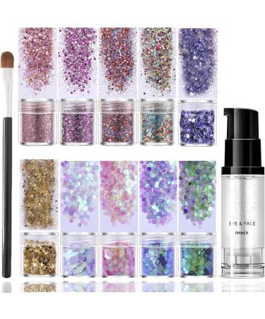 EONFAVE EONFAVE Festival Glitter Face with Glue for Body Hair Nails Podium Halloween Party 10 Colours Body Cosmetic with Long Lasting Fix Gel and Brush (Blue)