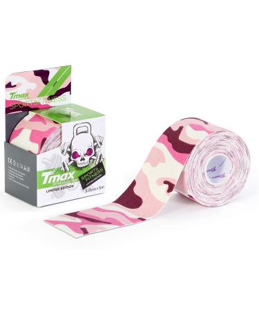 Tmax Waterproof Kinesiology Tape |Athletic Sports Tape for Injury Muscle Support Pain Relief Joint Support and Physiotherapy (5 m * 5 cm) Pink Camo
