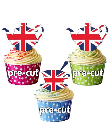 PRE-CUT Union Jack Tea Cup & Tea Pot Mix - Edible Cupcake Toppers/Cake Decorations King Coronation