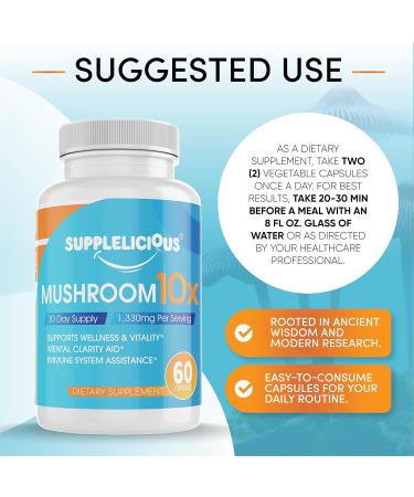 Supplelicious Mushroom 10x 1330mg Per Serving 10 Mushroom Complex for Energy Immunity Focus & Gut Health 60 Capsules 30-Day Supply Non-GMO Made in USA - Buy Online on GoSupps.com
