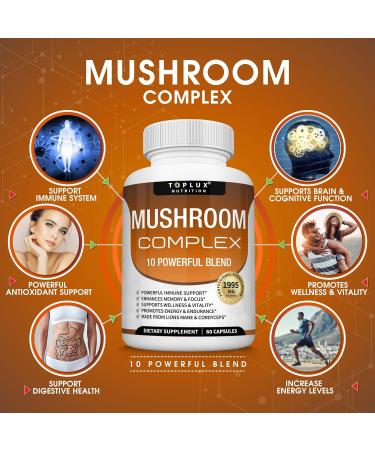 Toplux Mushroom Supplement 60 Capsules - Organic Lions Mane, Cordyceps, Reishi, Chaga Blend for Immune Support, Memory, Focus, Energy - Men & Women - Buy Online on GoSupps.com