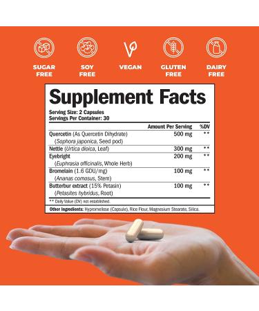 Quercetin with Bromelain Immune Support Supplement - Allergy Relief with Butterbur, Nettle & Eyebright - 60 Capsules - Buy Online on GoSupps.com