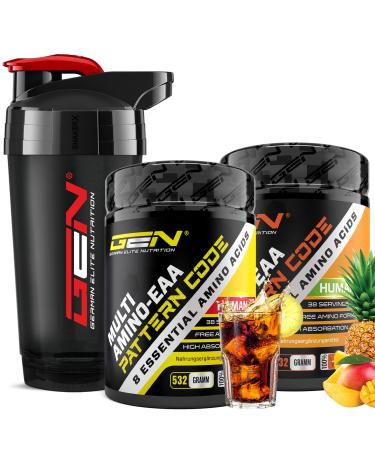 2x EAA powder + premium shaker - Cola cit and mango pineapple - Human code formula - All 8 essential amino acids - Amino workout drink - delicious taste - vegan (2x - 532 g) Shaker + cola lemon + mango pineapple 532 g (2 Pack)shaker
