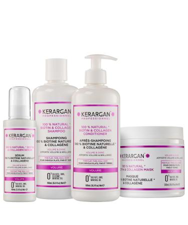 Kerargan - Ensemble Volumisant Shampoing Apr s-shampoing Masque & S rum la Biotine & Collag ne pour Cheveux Plats Fins et Ternes - Volume et Brillance - Sans Sulfate & OGM - 3x500ml & 1x100ml Biotine et Collag ne 400 ml (Lot de 4)
