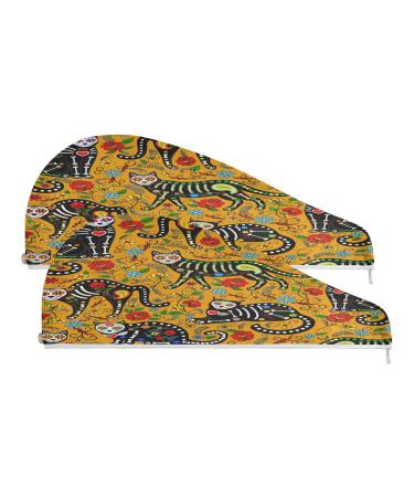 Sugar Skull Black Cats Dry Hair Cap 2 Piece Quick Drying Towel Set with Button Headband Super Absorbent Soft & Comfortable