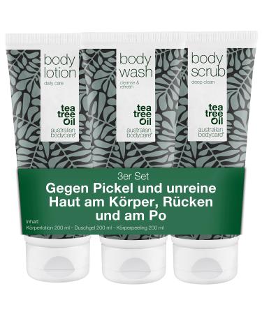 Australian Bodycare Set against pimples on the backTea tree oil body peeling shower gel & body lotion for impure skin & against pimples by the buttocks |Also against itching all over the body100% vegan 200 ml (3 pack) - Buy Online on GoSupps.com
