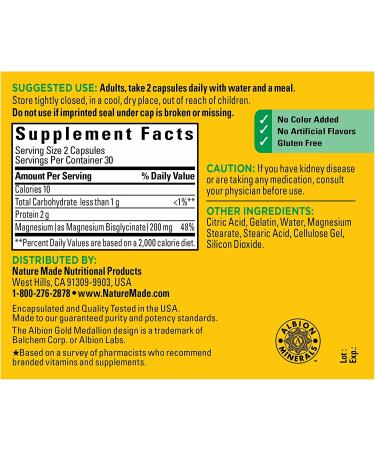 Nature Made Magnesium Glycinate 200mg Dietary Supplement - Muscle, Heart, Nerve, Bone Support - 60 Capsules - 30 Day Supply - Buy Online on GoSupps.com