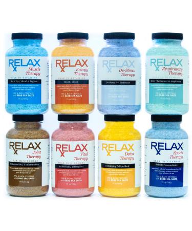 Relax Rx Best Aromatherapy Dead Sea Bath Salts Pack of 8 19 Ounce Bottles Infused with Vitamins and Minerals Soak Pains Aches Swelling and Stress Relief for Spa Bath and Whirlpool