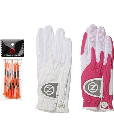 Zero Friction Ladies Compression-Fit Synthetic Golf Glove 2 Pack Includes free tee pack Universal-Fit - White-Pink
