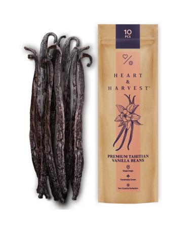 Heart & Harvest Premium Tahitian Vanilla Beans Grade A, 5"- 6" Long Bean Sticks, Pack of 10 Whole Vanilla Pods Perfect to Make Pure Vanilla Powder & Extract for Baking, Ice Cream, Syrup & More 10 (Pack of 1)