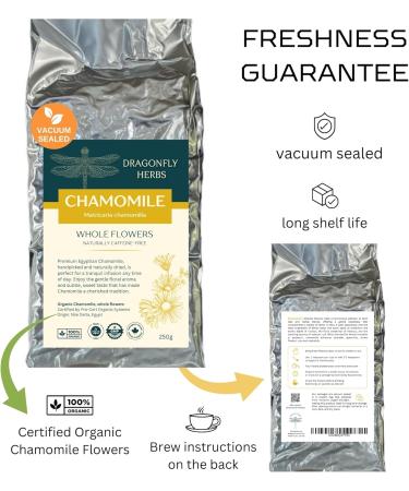 Organic Chamomile Tea 250g Loose Whole Flowers Premium Quality Egyptian Camomile Matricaria Chamomilla Caffeine-Free Herbal Tea | DRAGONFLY HERBS - Buy Online on GoSupps.com