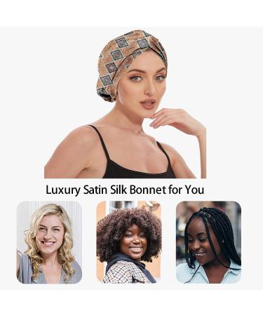 Kaahynno Adjustable Satin Silk Bonnet for Curly Hair | Large Night Cap for Women Men | Elastic Drawstring Band | Bohemia Orange - Buy Online on GoSupps.com