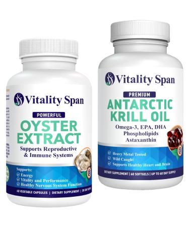 Vitality Span Krill Oil 500mg Omega 3 and Pure Zinc Oyster Extract 1000mg - Anti-Aging, Longevity and Energy Bundle. Made in USA