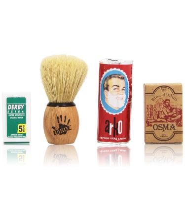Shaving Set Combination with Alum Bloc Osma Shaving Factory XSmall Shaving Brush Arko Soap and 5 Derby Extra Blades.