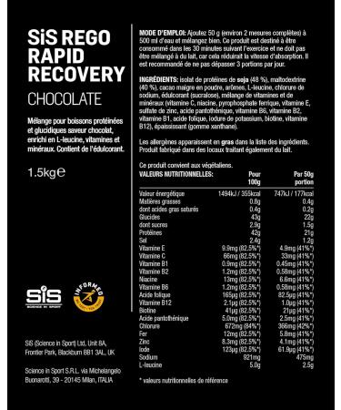 Science in Sport Rego Rapid Recovery Poudre 1 5kg Chocolat vegan - Boisson de r cup ration poudre avec glucides prot ines lectrolytes vitamines et min raux Pour un entra nement efficace Chocolat 30 Portions (Lot de 1) - Buy Online on GoSupps.com