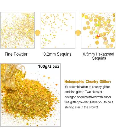 Hemoer Holographic Chunky Glitter 100g - Gold Craft Glitter for Resin Face Nail Body Slime & Festival Art - Buy Online on GoSupps.com