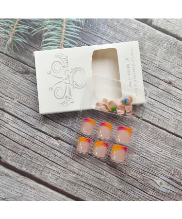 Buy Rainbow Press On French Tip Fake Toenails - Glossy Pink Acrylic Toe Nails with Colorful Designs for Women - Buy Online on GoSupps.com