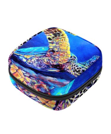 Menstruation pad bag with zipper women's napkin bag tampons collection bags for women and girls (blue sea turtle)