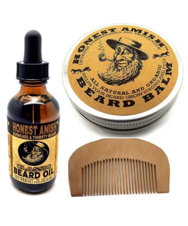 Beard Oil and Beard Balm Set with Wooden Beard Comb. Pellagio Bundle Contains Honest Amish Beard Oil and Honest Amish Beard Balm. Beard Set for Beard Care.