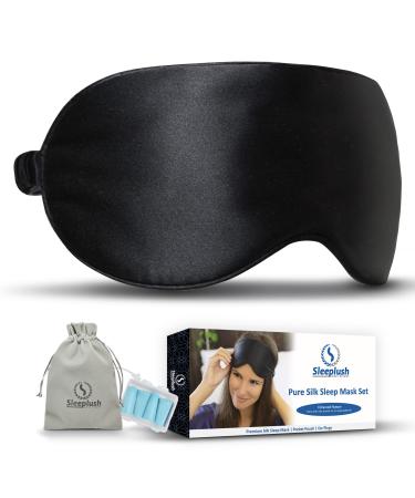 Sleeplush Mulberry Silk Sleep Mask Sleep Mask with Silk Covered Straps Sleep Masks for Women and Men - Eye Mask for Sleeping Comes with Ear Plugs and Pocket Bag - Weighted Sleep Mask - Black