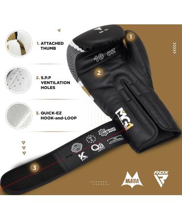 RDX Boxing Gloves for Muay Thai & Kickboxing - Maya Hide Leather Sparring Gloves Sandbag & MMA Training - Available in 8 10 12 16oz for Men & Women - Black & Golden - Buy Online on GoSupps.com