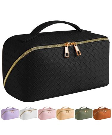 SFXULIX Large Capacity Travel Cosmetic Bag - Makeup Bag, PU Leather Waterproof Cosmetic Bag, Women Portable Travel Makeup Bag With Handle and Divider Flat Lay Makeup Organizer Bag Black