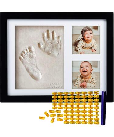 Co Little Baby Handprint & Footprint Kit (Date & Name Stamp) Clay Hand Print Picture Frame for Newborn - Best New Mom Gift - Foot Impression Photo Keepsake for Girl & Boy - White Feet Imprint Mold Black