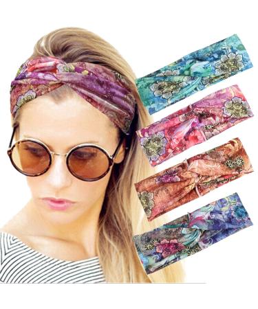 ELACUCOS Headbands for Women Criss Cross Boho Floal Style Head Bands for Women's Hair 4 Pack 4 Count (Pack of 1) Set7