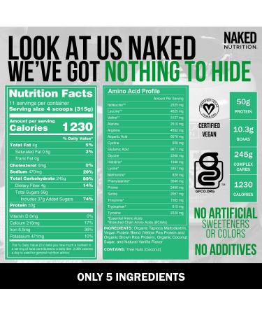 Vanilla Vegan Weight Gainer - Naked Mass 8lb Bulk, GMO, Gluten, Soy, Dairy Free - 1230 Calories, 11 Servings - Buy Online on GoSupps.com