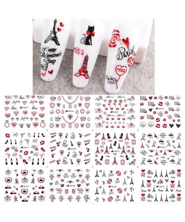 12 Sheets Valentine's Day Nail Art Stickers 3D Self-Adhesive Nail Decals Sexy Red Lips Rose Diamond Heart Eiffel Tower Nail Designs Nail Art Supplies for Women Girls Nail Art Decorations Nail-2