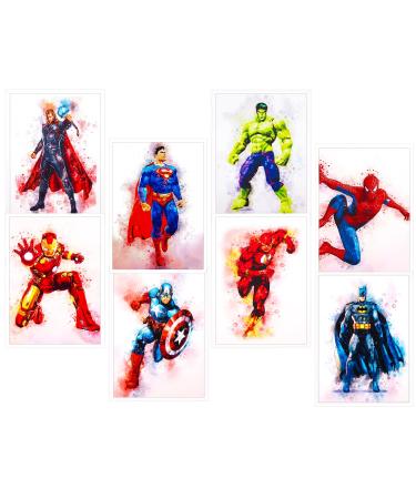Yumcute 8 pieces superheroes watercolor art poster wall decorations Avengers wall art poster pictures watercolor art for children bedroom wall decorations (A4 without frame)