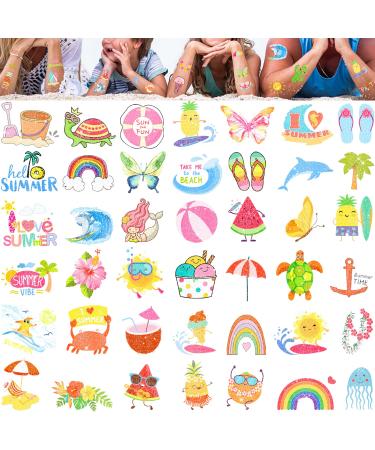 Glitter Summer Tattoos Temporary For Kids Hawaiian Luau Themed Tattoos Tropical Beach Waterproof Tattoos Stickers Pool Party Favors Decoration Supplies For Adults