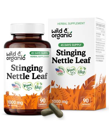 Wild & Organic Stinging Nettle Leaf Capsules - 1000 mg Stinging Nettle Extract for Urinary Support - 90 Vegan Herb Capsules - 45 Days Supply - Non-GMO Gluten-Free No Fillers 90 Count (Pack of 1)