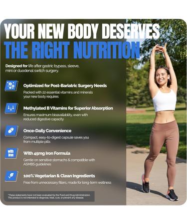 Shiny Leaf Methylated Bariatric Multivitamin with Iron 45mg Once Daily Capsule USA Made ASMBS Compliant Bariatric Vitamins for Gastric Bypass & Gastric Sleeve for Men & Women GMP 60 Caps 30 Count (Pack of 2) - Buy Online on GoSupps.com