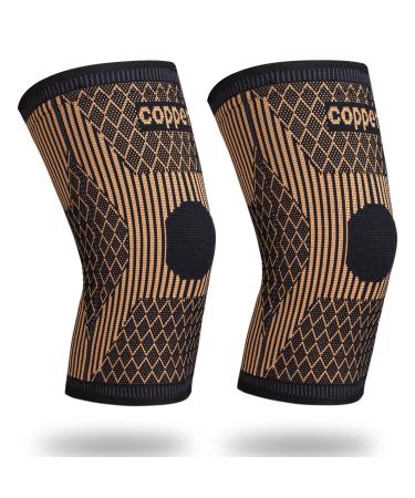 SHENGYADE (1 Pair Copper Knee Brace for Women & Men- Copper Knee Braces for Knee Pain and Support - Copper Ions Fiber Compression Knee Sleeve Grade for Running  Meniscus Tear  ACL  Joint Pain Relief X-Large black yellow