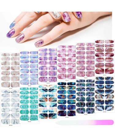 168 Pieces 12 Sheets Full Wrap Nail Polish Stickers Self Adhesive Glitter Gradient Marble Color Street Nail Decal Strips with Glass Nail File for Women Girls DIY Nail Craft (Chic Style)