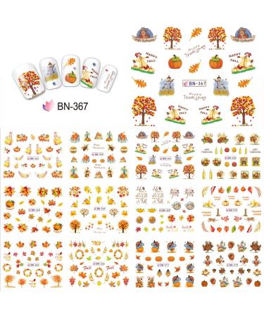 Fall Nail Stickers - Halloween & Thanksgiving Nail Art Decals | 12 Sheets Maple Leaf Pumpkin Turkey Water Transfer Stickers for DIY Thanksgiving Day Decor - Women, Girls, Kids - Buy Online on GoSupps.com