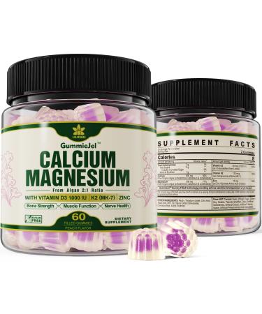 Sugar Free Calcium Magnesium Zinc Gummies Algae Calcium Magnesium 2:1 Ratio with Vitamin D3 K2 for Bone Strength Muscle Function & Nerve Health Extra Absorption Formula Vegan Peach Flavor 60 Cts