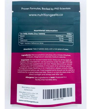 Nutrition Geeks Biotin Hair Growth Supplement - 180 Tablets with Zinc & Selenium - Vegan Hair Vitamins for Women & Men UK - Buy Online on GoSupps.com
