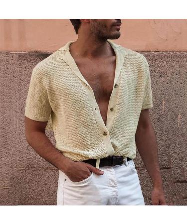 Men's Summer Lightweight Mesh Wool Knit Cardigan Sweater - England Style Short Sleeve Shirt (Yellow, Large) - Buy Online on GoSupps.com