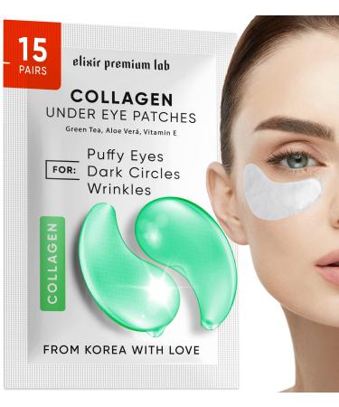 Elixir Premium Lab Collagen & Green Tea Under Eye Patches with Cooling Effect - Reduce Wrinkles  Dark Circles  and Under Eye Bags - 15 Pairs 15 Pairs (Pack of 1)