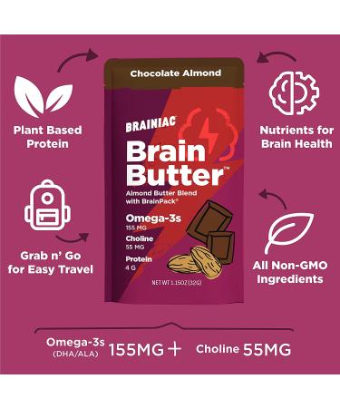 Brainiac Omega-3 Chocolate Almond Butter Pouches - 20 Count, 1.15 oz. Each - Protein & Choline Rich Healthy Snacks for Kids and Adults - Buy Online on GoSupps.com
