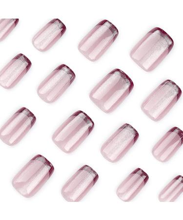 French Tip Press on Nails - Short Square Press On Nails with Nail Tips Red Edge French Nake Pink Cat Eye False Nail Sparkling pink Glossy press on nails Acrylic False Nails Cute Artificial Nails - Buy Online on GoSupps.com