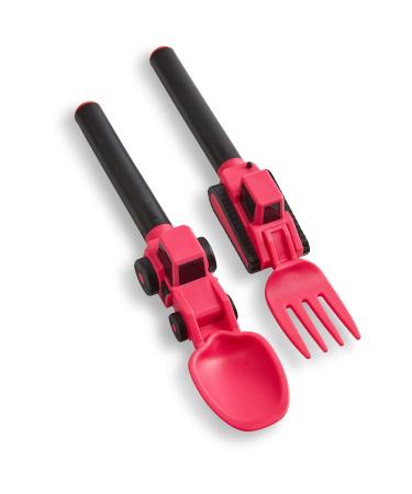 Dinneractive Utensil Set for Kids Construction Themed Fork and Spoon for Toddlers and Young Children 2-Piece Set - Fuschia Construction Theme Fuschia