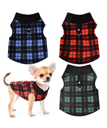 3 Pack Fleece Dog Clothes for Small Dogs Puppy Sweater Yorkie Teacup Boy Girl Winter Warm Tiny Dog Sweater with D Ring Extra Small Dog Clothing XXS XS (X-Small) X-Small/(2.2-4.0)lb plaid red blue green