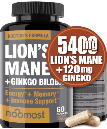 Organic Lions Mane Mushroom Capsules 5400mg, Ginkgo Biloba 120mg - Lion's Mane Ginko Biloba Memory Supplement for Nootropic Brain & Mental Clarity, Ginko Smart Maximum Focus and Memory, 2-Month Supply