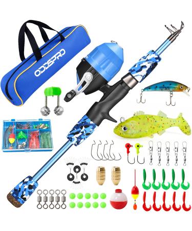ODDSPRO Kids Fishing Pole - Kids Fishing Starter Kit - with Tackle Box, Reel, Practice Plug, Beginner's Guide and Travel Bag for Boys, Girls Blue 1.2M 3.94Ft